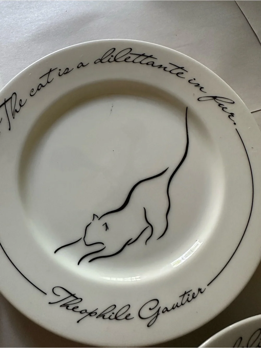 White Ceramic Dessert Plates with Navy Cat Line Drawings - Set of 5